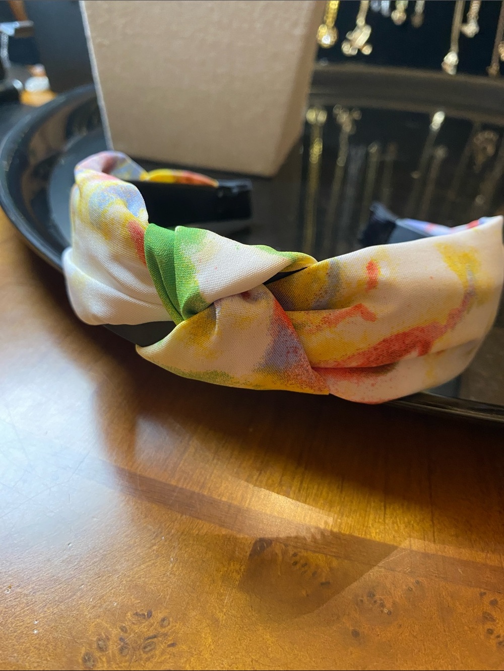 Knot Headband in White with mm Yellow, Green & Pink Watercolor